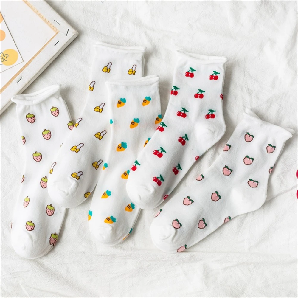 

Funny Cute Girls' Cartoon Carrot Peach Strawberry Banana Cherry White Art Socks Pregnant Rolled Curled Loose Mouth Fruit Socks