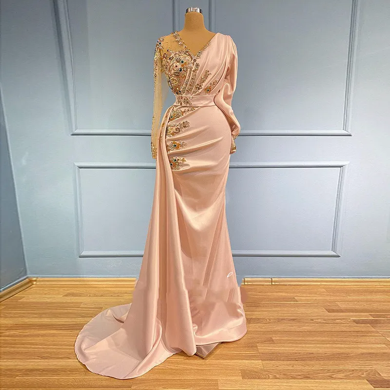 

Rose Pink stain Mermaid Arabic Evening Dresses Long Sleeve V-Neck Beaded floral Dubai Party prom Gowns robe sirene rose