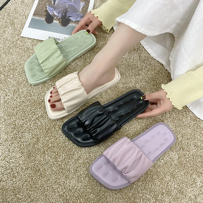 

Beach Shoes Slippers Women Summer Low Luxury Slides Pantofle Sabot Flat Designer 2022 Basic Rome Rubber PU Flat Shoes Female Wom