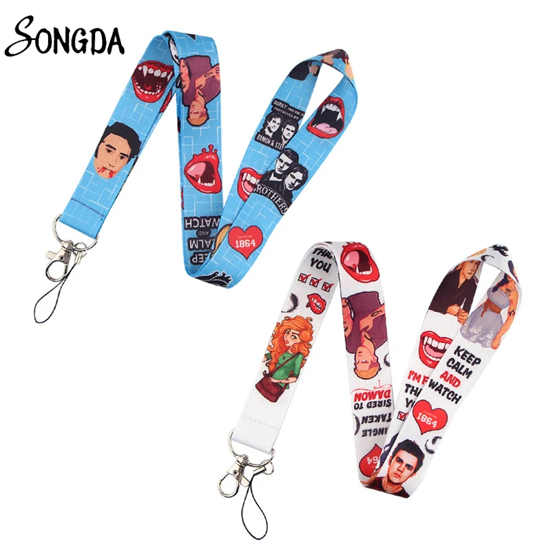 

Classic Movie The Vampire Diaries Lanyards Ribbon Keychains Figures Elena Stefan Neck Straps KeyHook Carabiner Clips Jewelry New