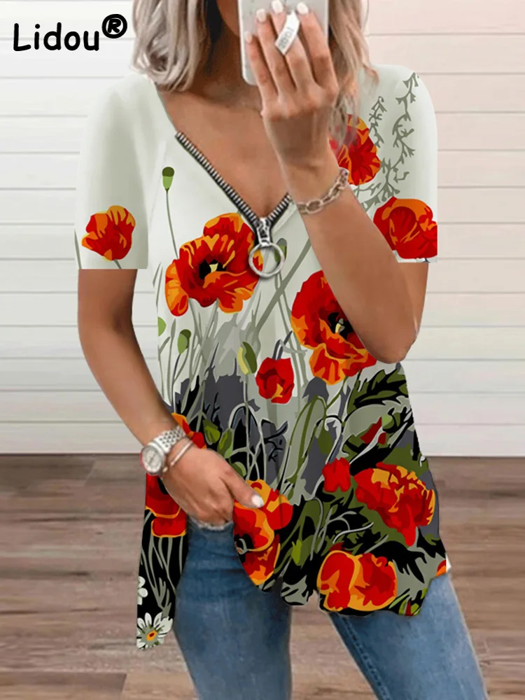 

Summer Short Sleeve Zipper V-Neck Zipper Floral Printing T Shirt Female Casual Elegant Top Vintage All-match Oversized T-shirts