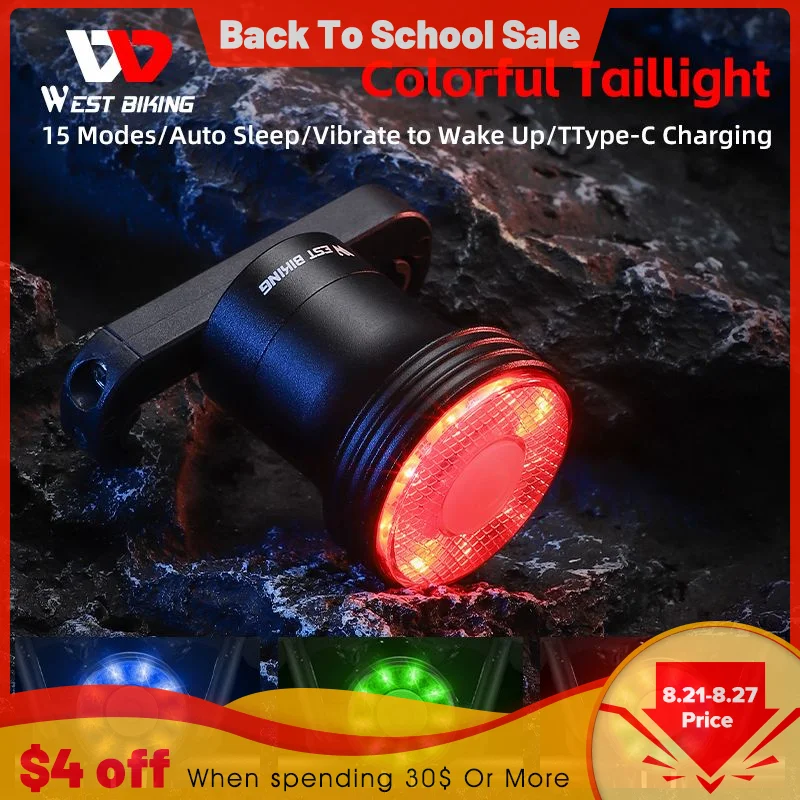 

WEST BIKING Colorful Smart Brake Taillights Aluminum Alloy Bicycle Rear Light IPX5 Waterproof Auto Sleep Bike Flash Tail Light
