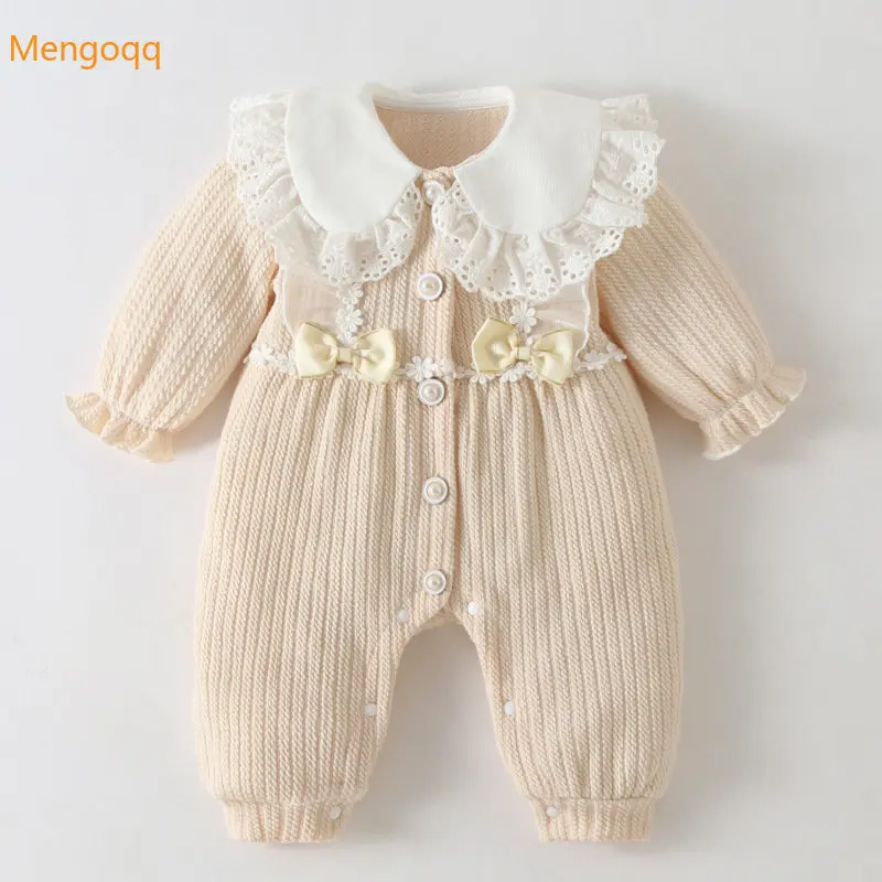 

Mengoqq Infant Baby Girl Autumn Winter Round Neck Full Sleeve Cute Bow Single-breasted Corduroy Warm Jumpsuit Romper 1-24M