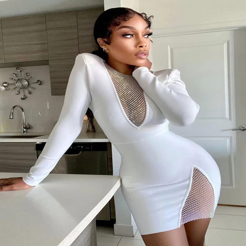 

2021 New Summer New Women's Sexy V-neck Mesh Diamond Long Sleeve Bodycon Bandage Dress Fashion Celebrity Party Dress vestido