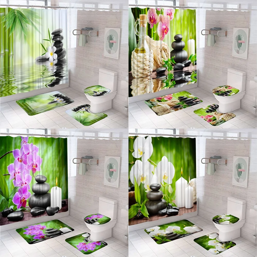 

Spa Shower Curtains Sets Green Bamboo Zen Stone Candle Flower Garden Scenic Bathroom Curtain Non-Slip Rugs Bath Mat Toilet Cover