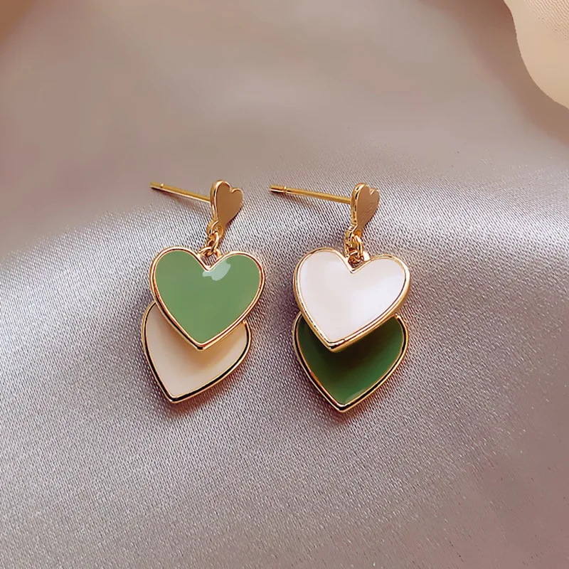 

Korean Sexy Trendy Double Layer Heart Stud Earrings for Women Green White Enamel Unusual Asymmetrical Earrings Party Jewelry
