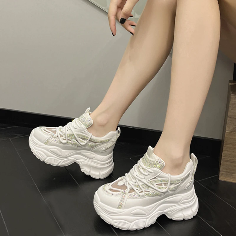 8CM Air Mesh Women Summer Rhinestones Shoe Platform Sneakers Soft Sole Chunky Heel Women Fashion Breathable Sneakers Woman Shoes