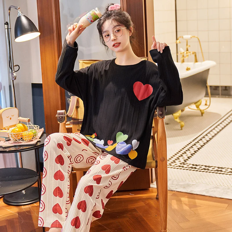 2022 new style pajamas women's autumn winter long sleeved trousers set pure cotton simple leisure cartoon girls' home clothes