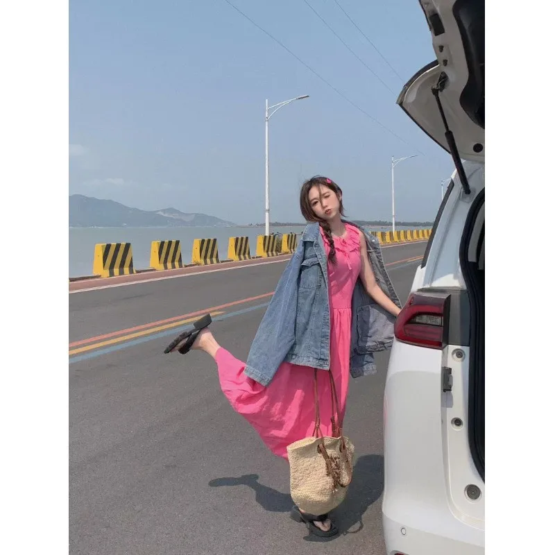 

Летняя женская одежда 2023, платье, пляжная Праздничная шикарная юбка средней длины без рукавов с деревянными ушками, облегающие платья во французском стиле с завязкой на талии