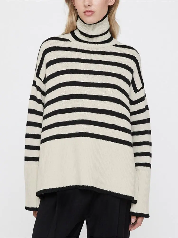 

Turtleneck Stripes Women's Sweaters Hem Slit Wool Blend Ladies Long Sleeve Loose Retro Knitwear Female Jumper Autumn Winter 2021