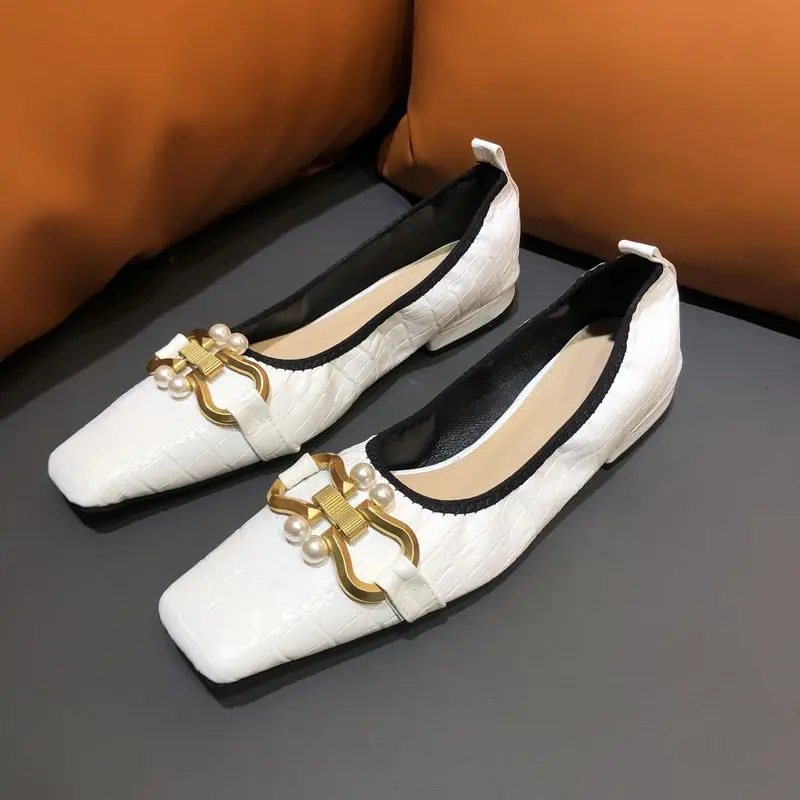 

2021 New Crocodile Pattern Metal Buckle Women Flat Shoes Square Toe Vintag Slip on Ballerina Shallow Ballet Loafer