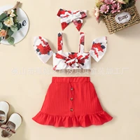 childrens clothing wholesale summer new girls suit suspender high waist bow rose jacket pit strip short skirt headscarf set