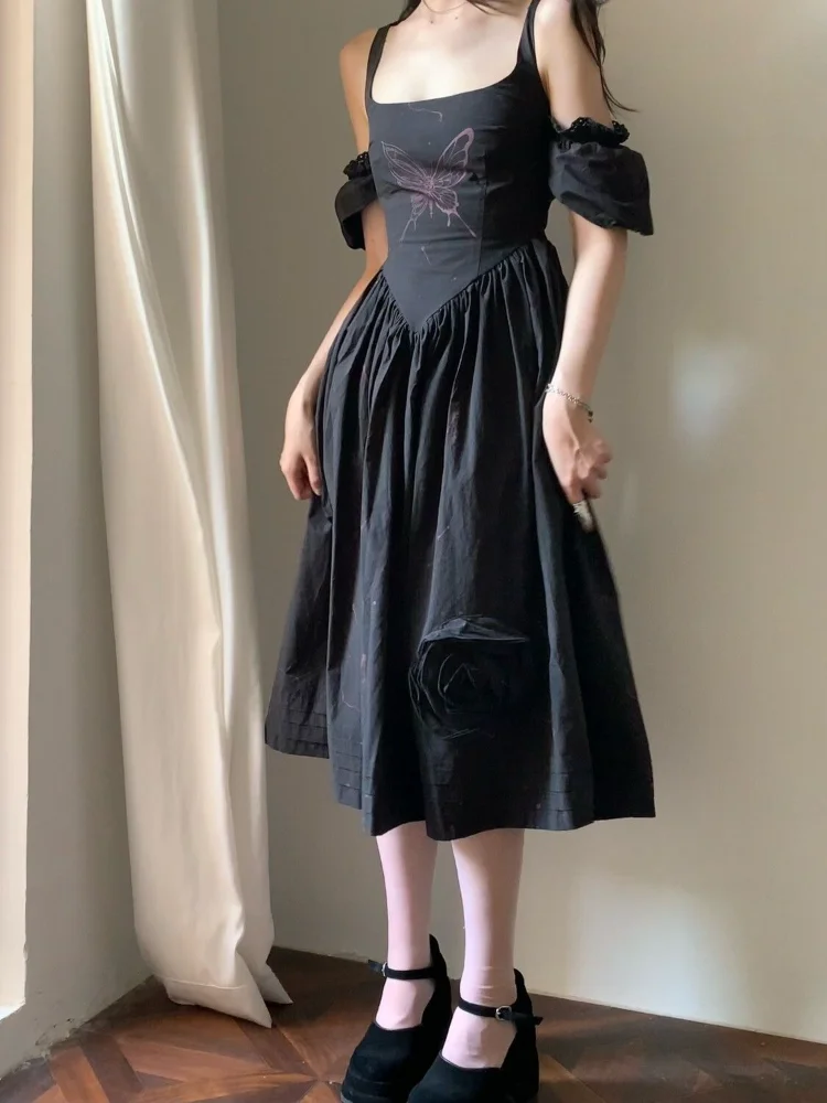 

Hikigawa Summer Bufferfly Print Puff Sleeve Women Dress All Match Sleeveless Dresses Sexy Chic Fashion Slim Vestido De Mujer