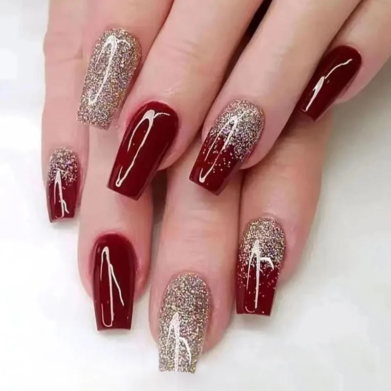 

24pcs Glitter Powder Wine Red False Nails Long Ballet Bridal Press On Nail Tips With Glue Manicure Patches