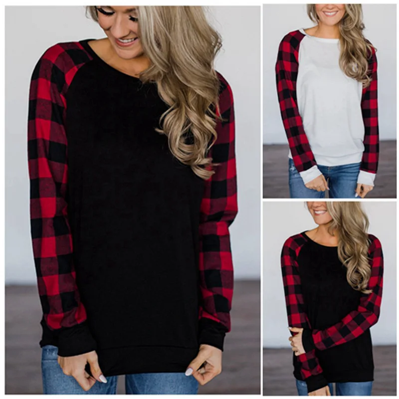 

Round Neck Sweatshirt 2022 Fashion Spring Plaid Patchwork Lady Clothes Long Sleeve Tunics Women's Fall Loose Fit Tops
