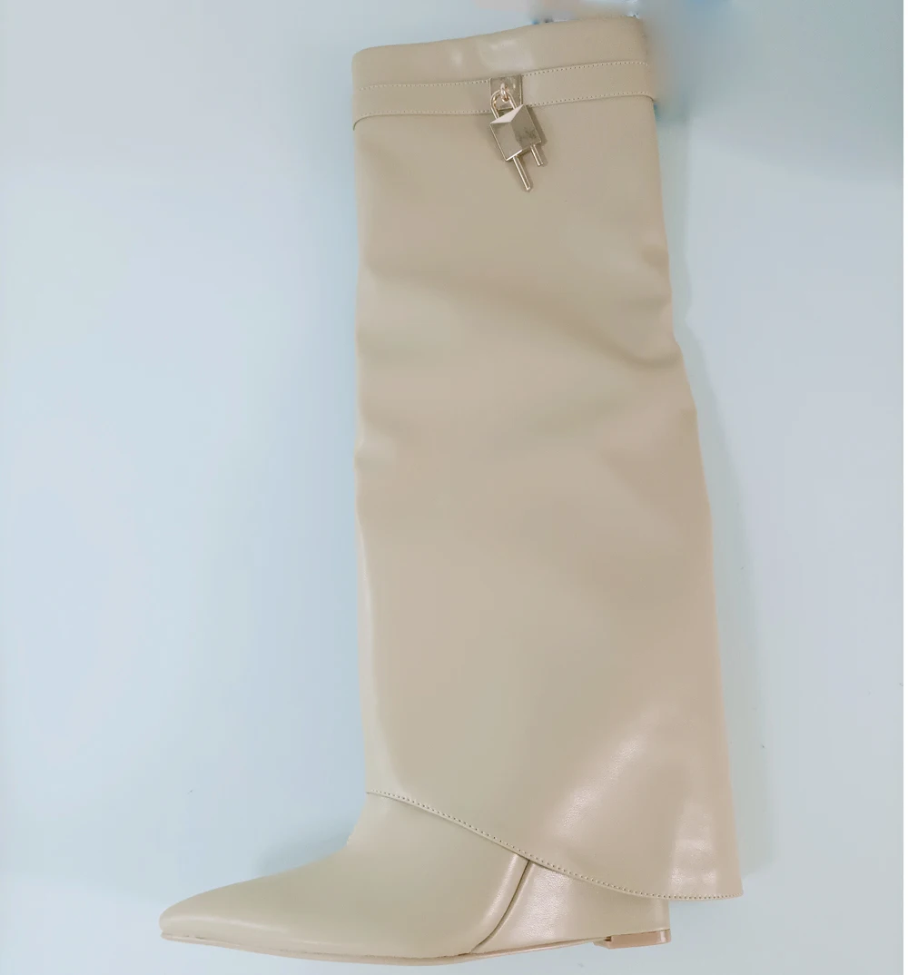 Black Fold Knee Women High Heel Boots Shark Lock Decor Women Wedge Heel Boots Pointed Toe Big Size Long Boots Mujer Chaussures