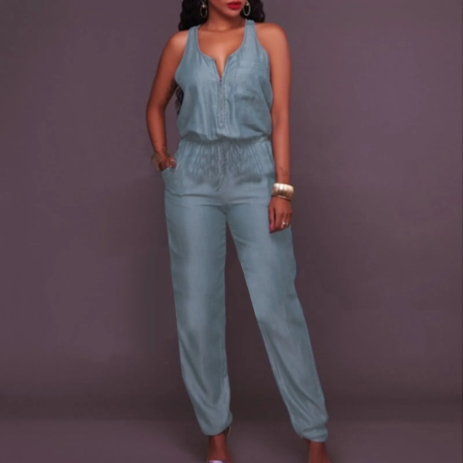 

Off Pocket Shoulder Sleeveless Denim Rompers Casual Womens Jumpsuits Jeans Women's Jumpsuit