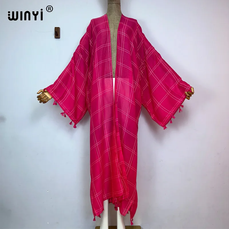 

WINYI 2023 Women Bohemian Monochrome Plaid tassel Elegant Casual dress African Cardigans Outerwear For Women Summer Sexy Kimono