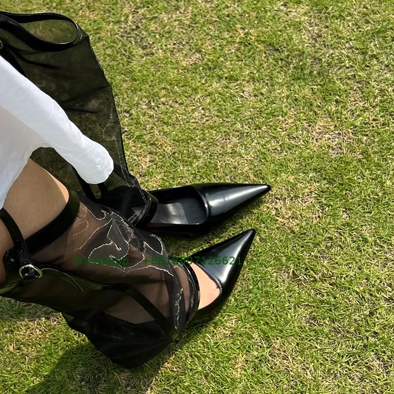 Black Low Heel Pointed Toe Mesh Sleeve Pumps Patent Leather Knee High Heels Sexy Women Shoes