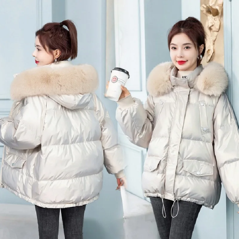 Thickened Shiny Cotton Padded Jackets Women Winter New Loose Champagne Black Parkas Short Bread Jacket Woman Coats