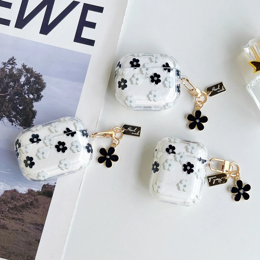 

For Airpods 1 2 3 Pro Ins Black White Flower TPU Soft Bluetooth Earphone Case with Pendant Clear Protective Cover