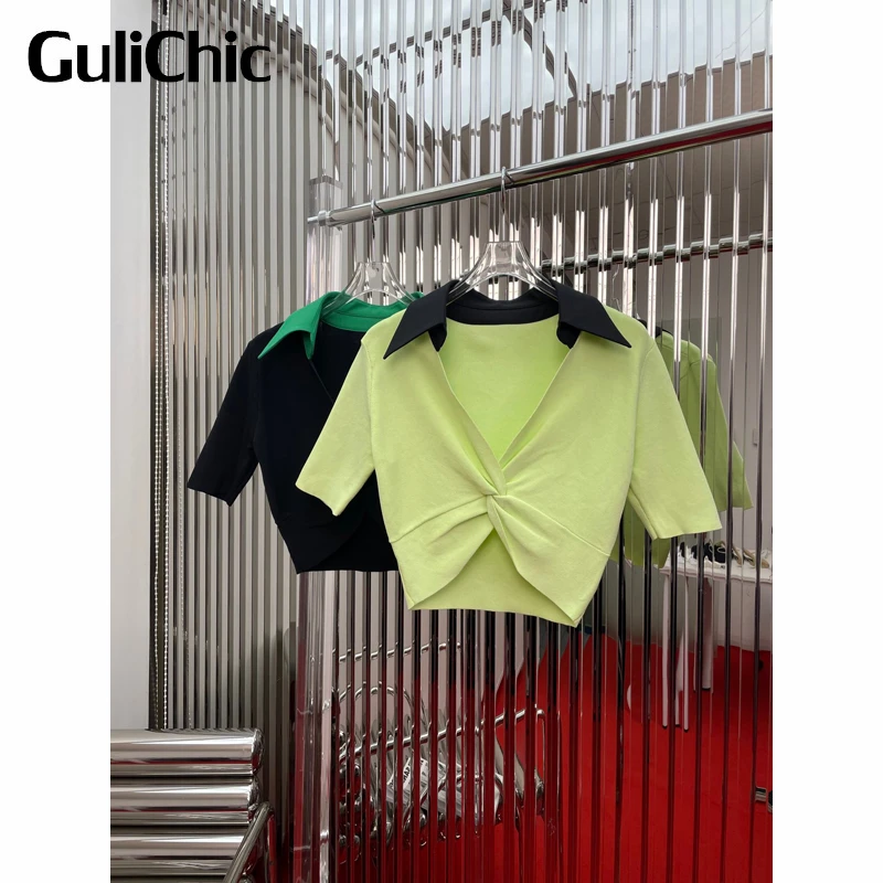 

3.23 GuliChic Patchwork Contrast Color Polo Collar Slim Knitted Criss-Cross Short T-Shirt Women Spring Summer New