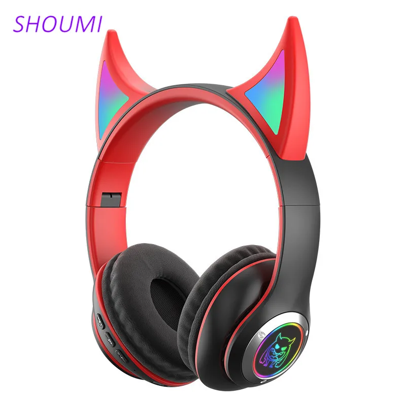 RGB мигающие наушники Devil с басами демоном Bluetooth 5 0 шумоподавление микрофоном для