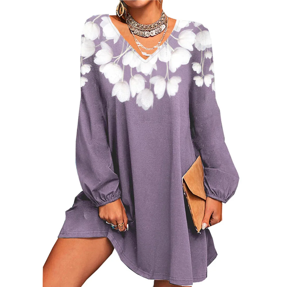 Женское платье-мини с цветочным принтом V-образным вырезом и длинным рукавом -