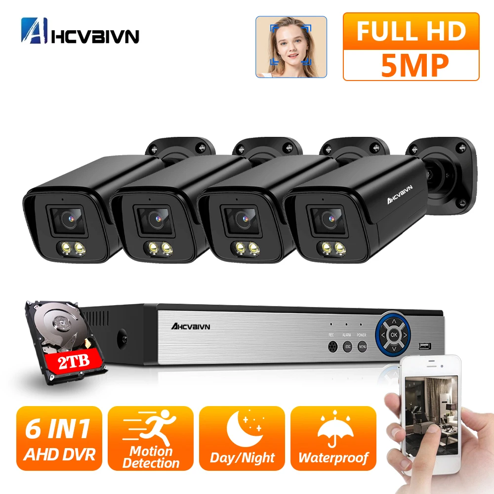 

4-канальная система видеонаблюдения, 5 МП, Φ, 6 в 1, система видеонаблюдения, комплект наружных камер безопасности, электронная почта, сигнализ...