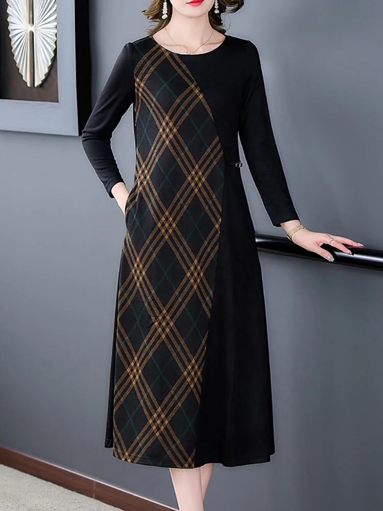 

Women Black Plaid Cashmere Long Sleeve Midi Dress 2023 Korean Vintage Hepburn Party Vestidos Autumn Winter Thick Warm Prom Dress