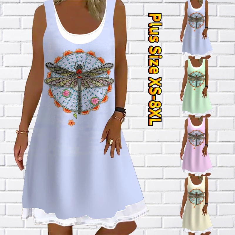 

2022 New Summer Women's Fashion Casual Dress Dragonfly Print Party Dress Simple Wind Mid Skirt Loose Hem Dress Oversized Dress