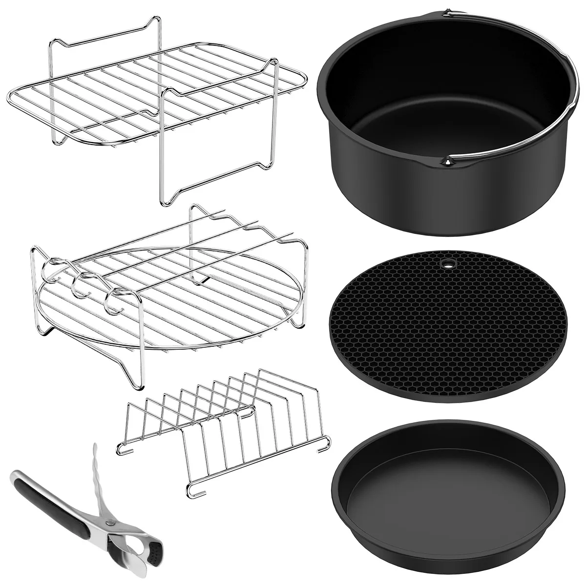 

10 Pcs Air Fryer Accessories Set Reusable Silicone Air Fryer Liner Stainless Steel Skewer Rack and Skewers Non-Stick Coating