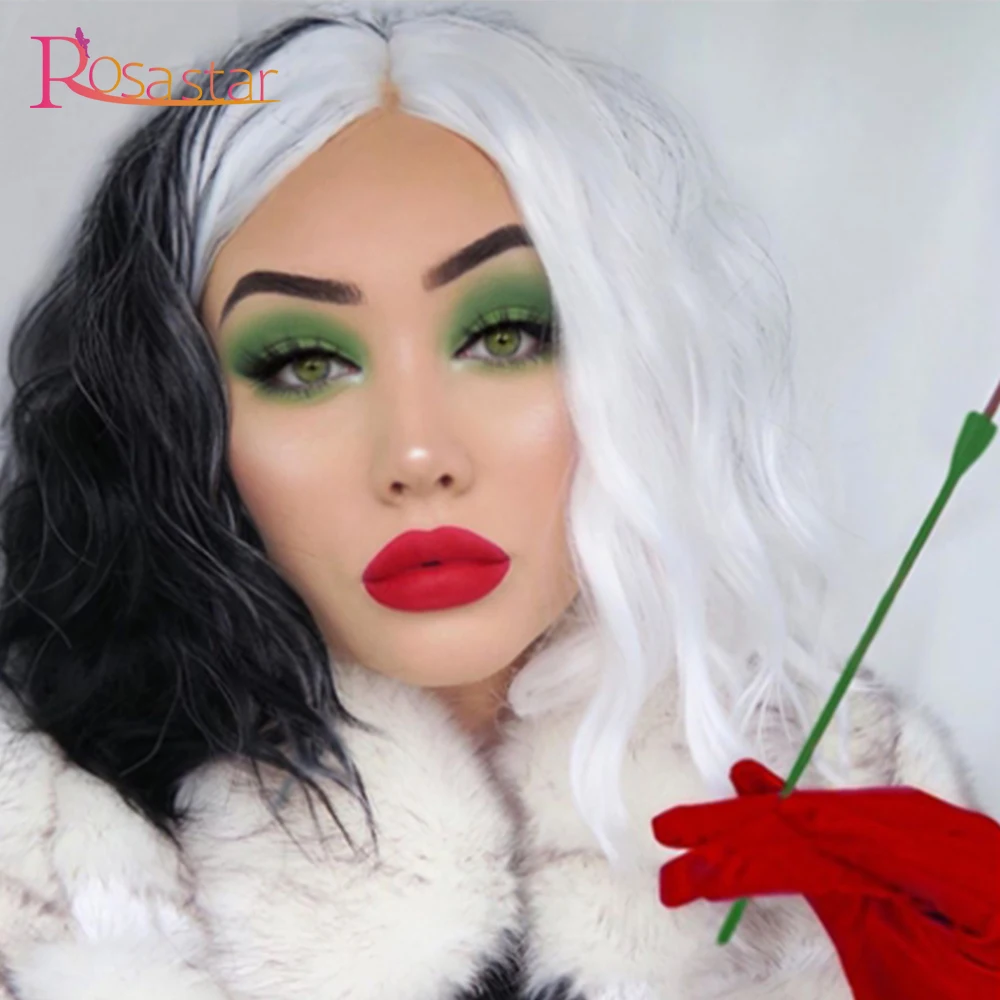 

ROSA STAR 13.5 lnches Women's Modern Short Wavy Curly Half Black Half White Synthetic Hair Cosplay, Halloween Heat Resistant Wig