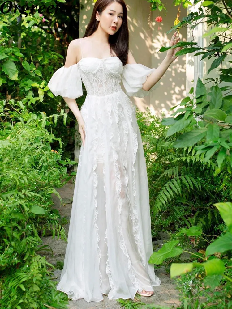

Шифоновые белые платья для женщин, лето 2023, элегантное кружевное цельное платье с короткими рукавами-фонариками и оборками, одежда для выпускного вечера, женское платье
