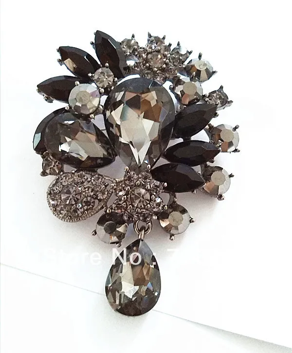 

Gun Black Plated Large Grey Rhinstone Crystal Water Drop Vintage Style Pin Brooch