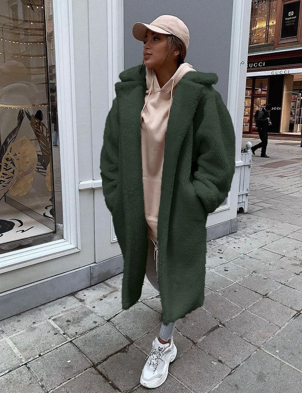 2022 Fashion medium long imitation fur coat women's autumn and winter new windbreaker casual long coat