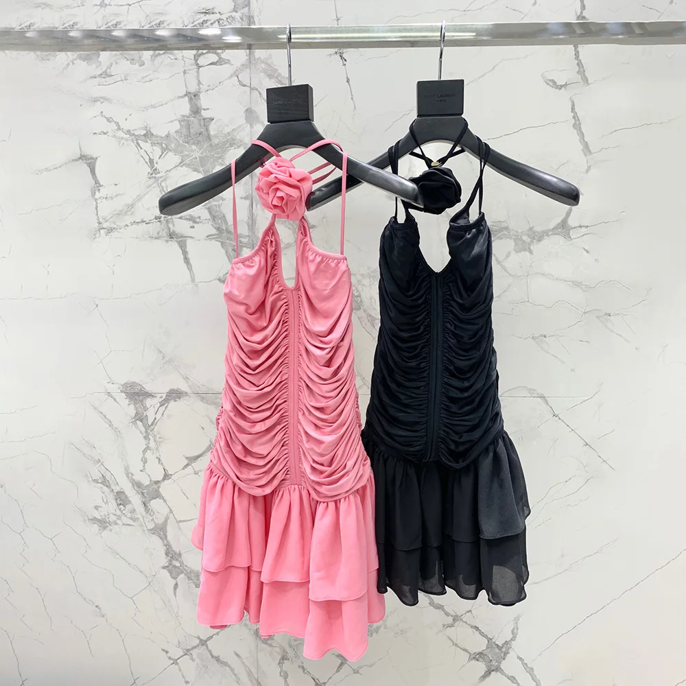 

2023 Spring/Summer New Fashion Hanging Neck Floral Slim Slim Slim Sexy Backless Pleated Ruffle Dress Women