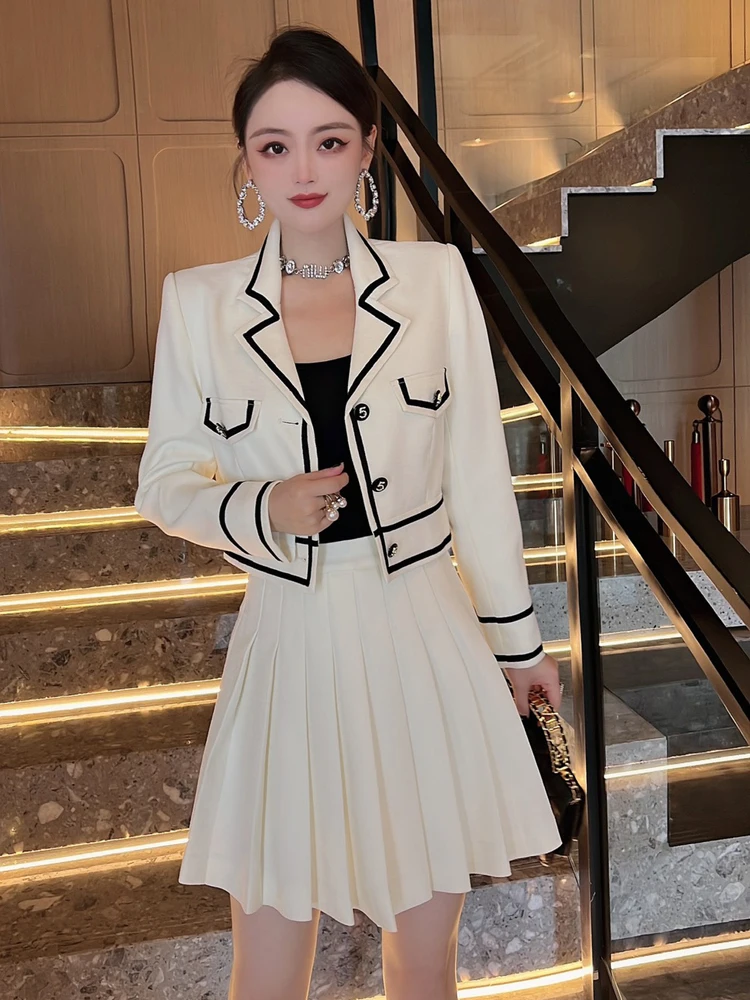 

ZJYT Fashion Autumn Winter Color Block Jacket and Pleated Skirt 2 Pieces Womens Outfits Preppy Style Dress Suits Work Wear