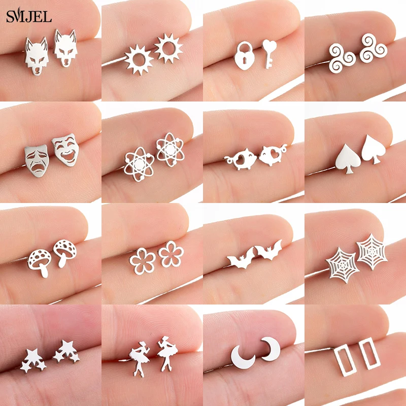 

Minimalist Golden Stainless Steel Stud Earrings for Women Kids Multiple Spider Web Paw Mushroom Bat Earings Wholesale Pendientes