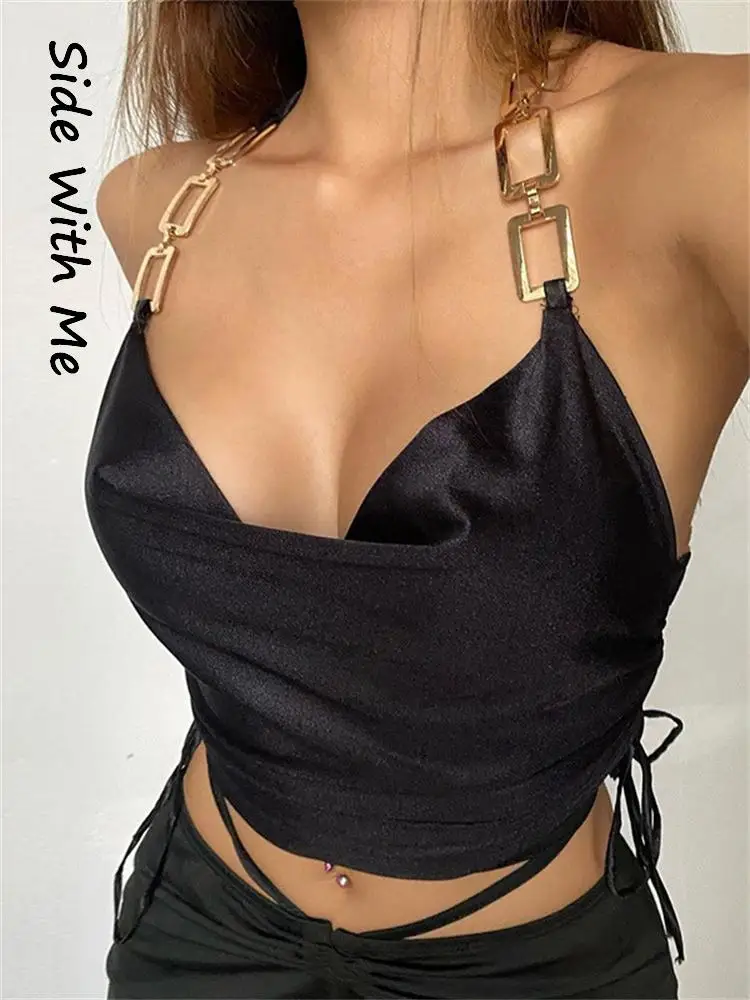 

Side with Me 2022 Summer Y2K Metal Chain Sexy Corset Camis Woman Top Backless Sleeveless Club Women's Cropped Tops