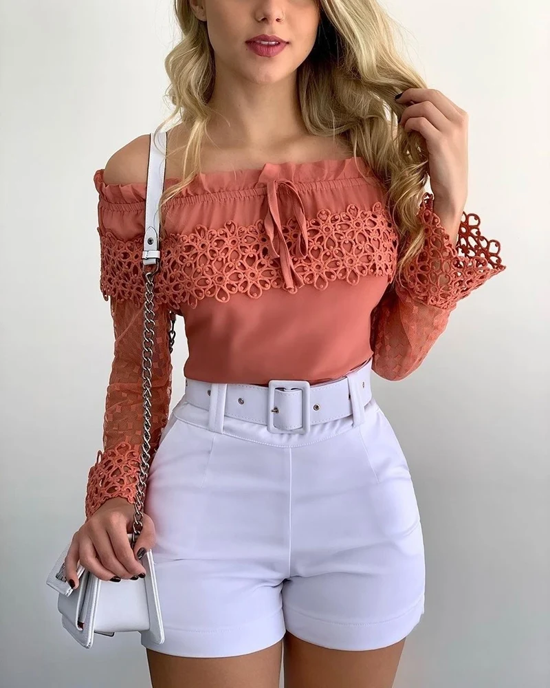 

Spring Women Guipure Lace Frill Hem Drawstring Top 2023 New Femme Casual Off Shoulder Blouse Office Lady Outfits Clothing traf