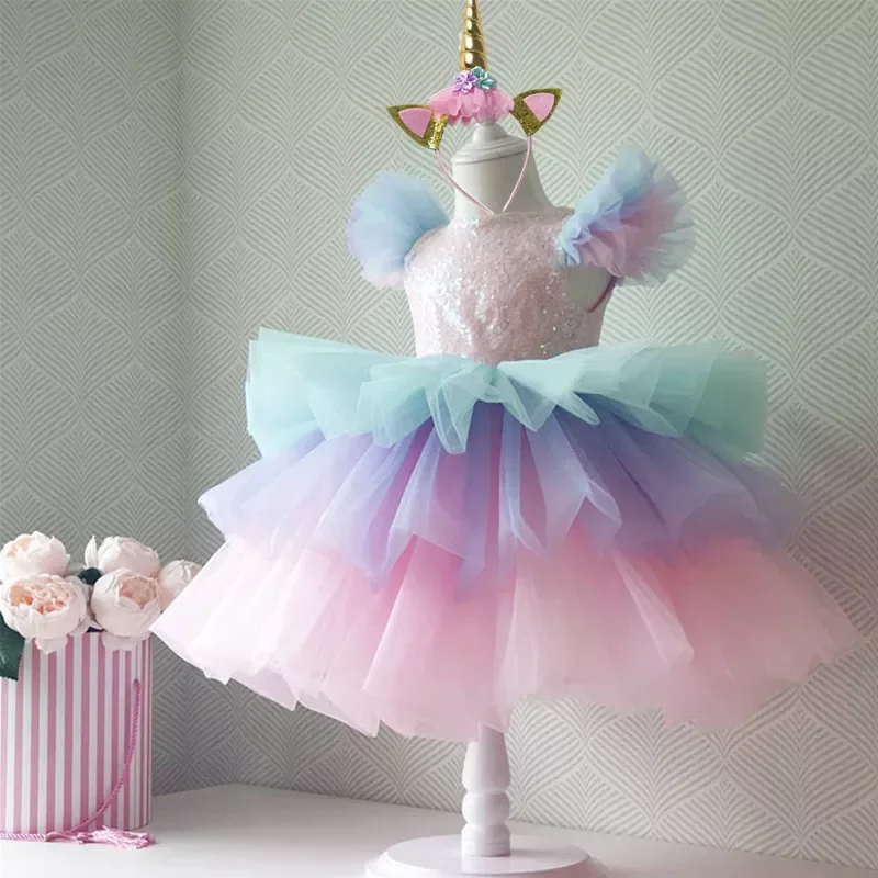 

Girls Rainbow Unicorn Princess Dress Cake Layers Tutu Prom Gown For Kids Children Wedding Evening Formal Party Pageant Vestidos