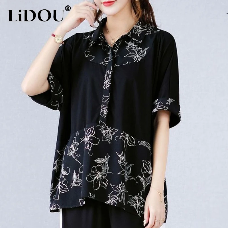 

Summer Oversized Black Patchwork Lady Pullover Soft Shirt Female Loose Casual Tops Long Sleeve All-match Blouse Femme Streetwear