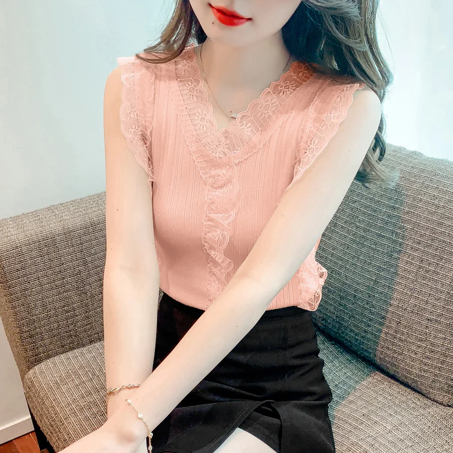 

Sleeveless Women Tank Tops 2023 Summer Patchwork Knitted T shirt V neck Sweet Hollow out Lace shirt