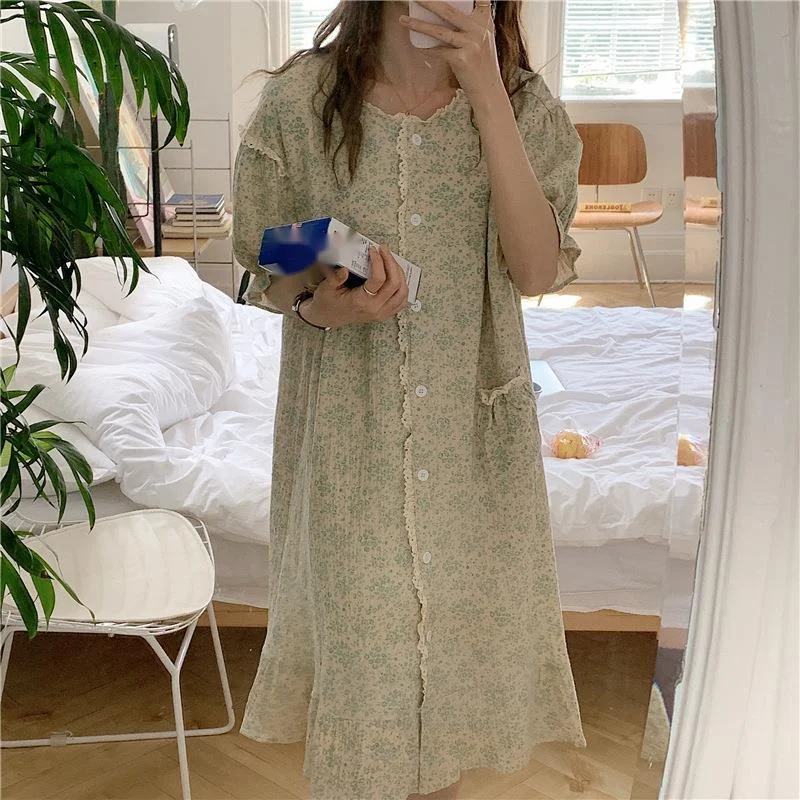 Nightdress for Women Cotton Floral Lace Nightgowns Home Dressing Gown Half Sleeve Summer Sleepshirt Nightwear Sweet Loose Pajama