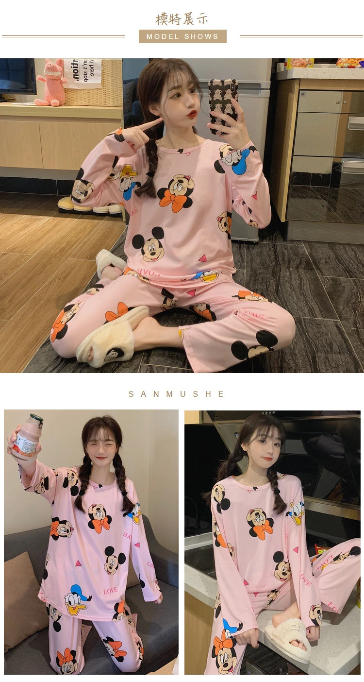 Disney Cartoon Minnie Mouse Pajama Pants for Women Summer New Loose Long Sleeve Top and Trousers Sleepwear Cute Home Suit Lady
