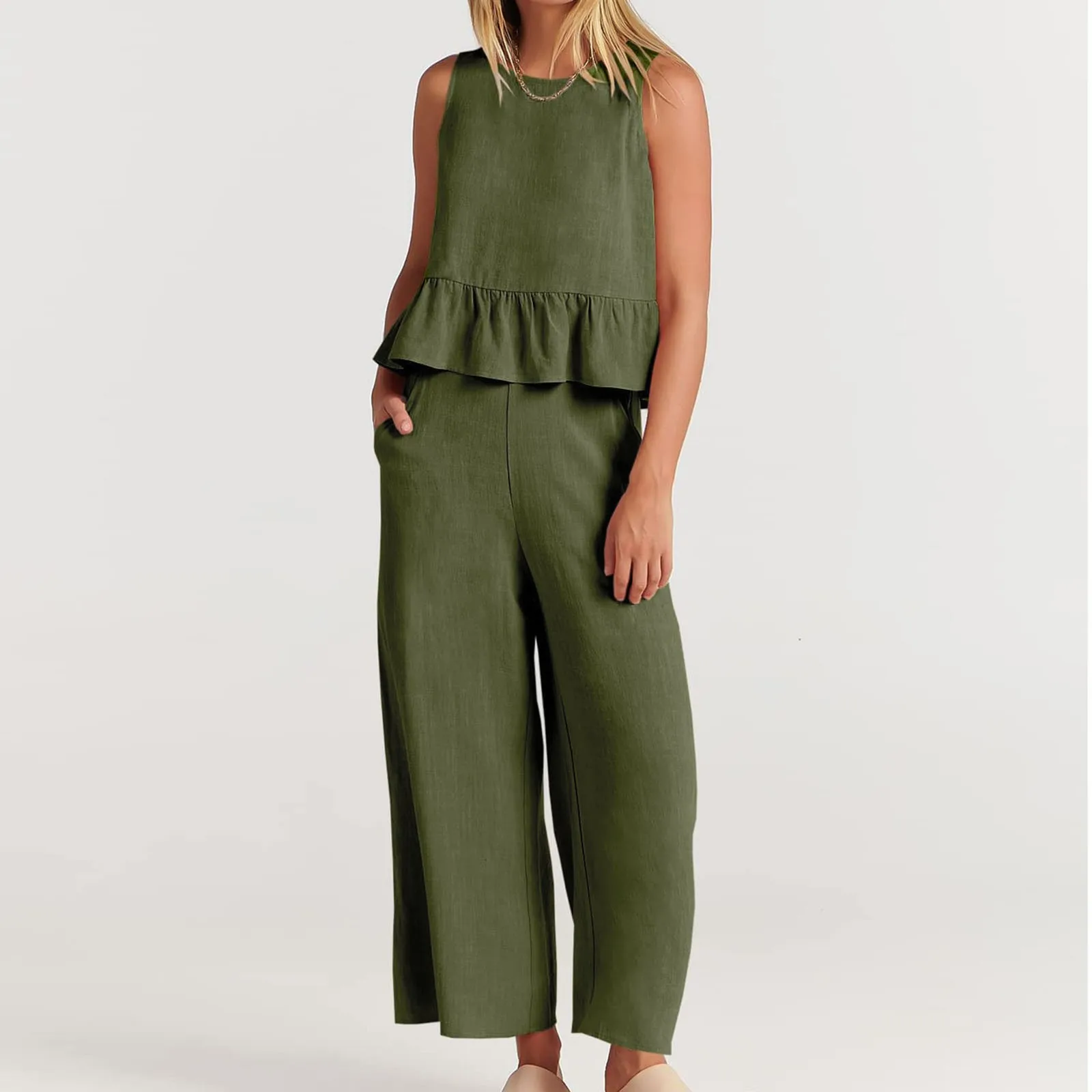 

2023 Summer Cotton Linen Tracksuit Pajamas Set Women Sleepwear Sleeveless Lounge Wear Sets Home Suit Elegant Female Loose Set