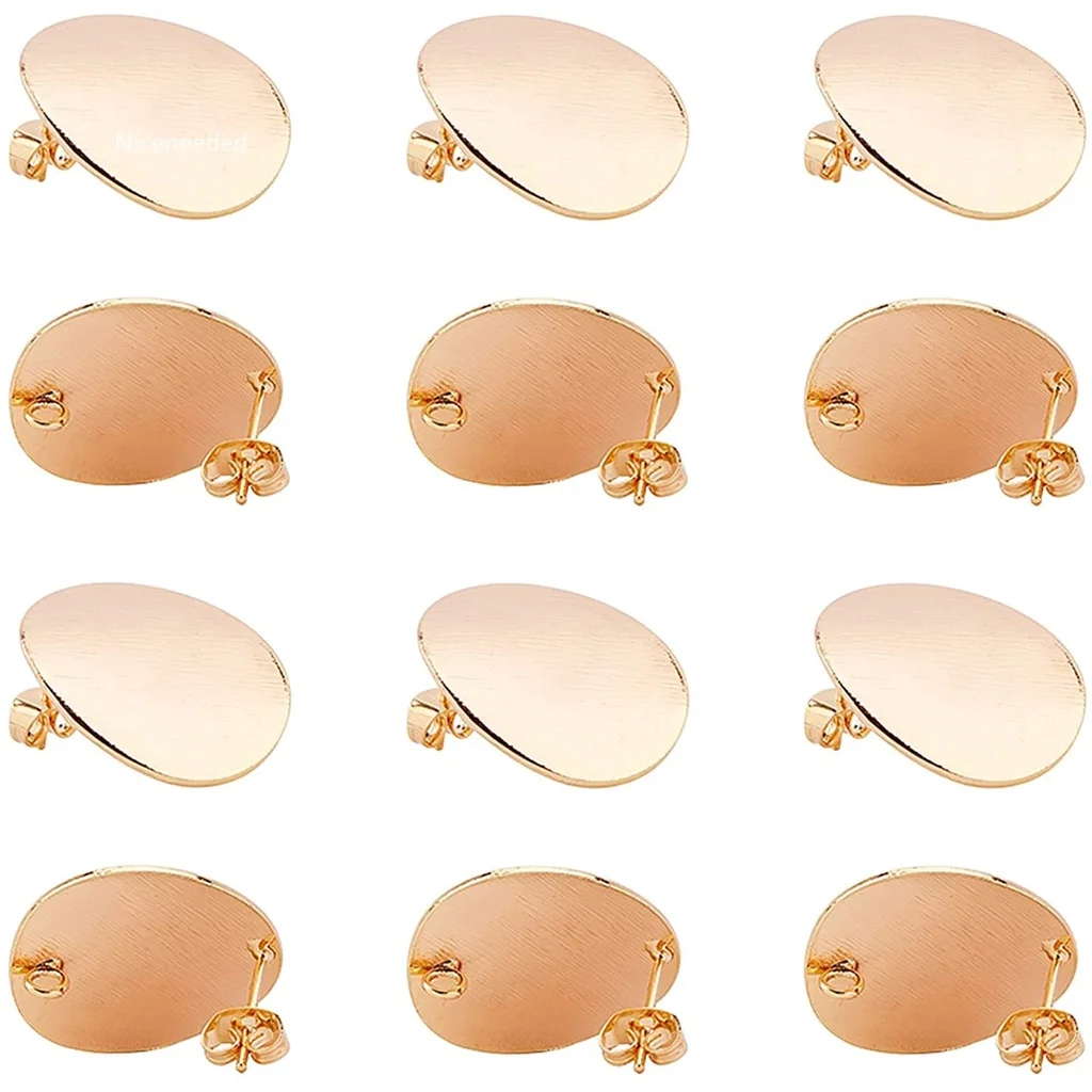 

20pcs Stud Earring Findings 18K Gold Plated Oval Brass Stud Earring Findings with Loop and Ear Nuts Plated Stud Earring