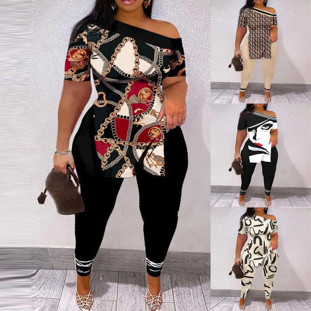 

Женский брючный костюм из двух предметов, Повседневная футболка с диагональным вырезом и коротким рукавом, леггинсы с разрезом, облегающий костюм из двух предметов, лето 2013