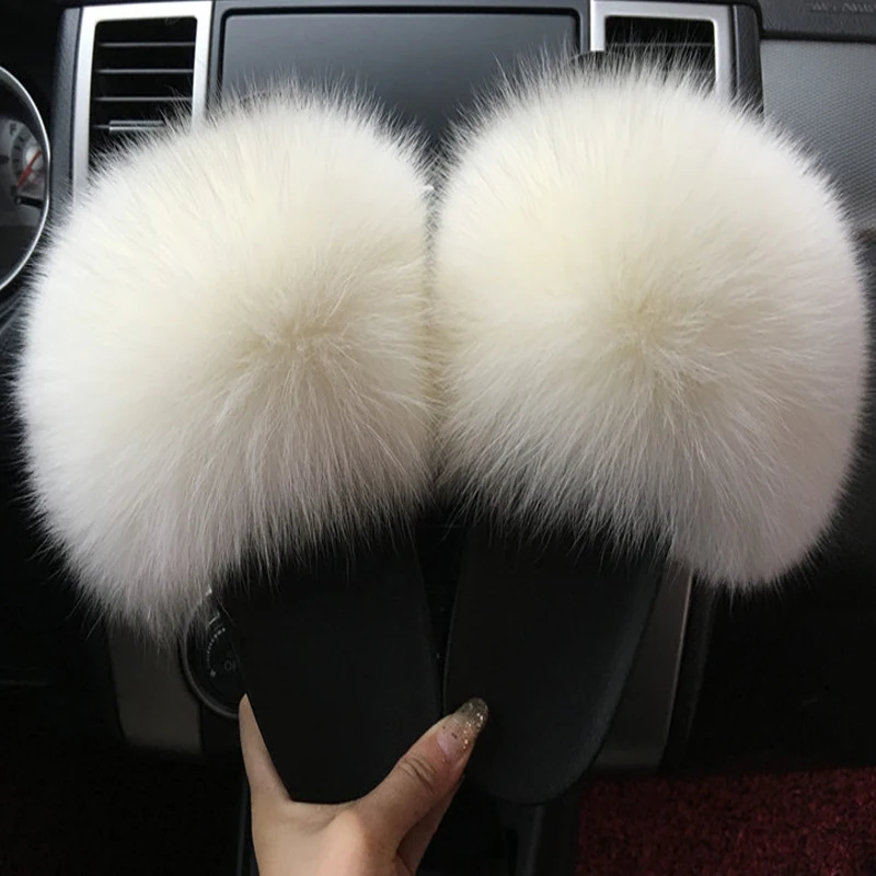 Summer Fluffy Fox Fur Slides For Women Designer Luxury Cute Plush Real Fur Slippers Female Furry Sandals Home Flats Wholesale